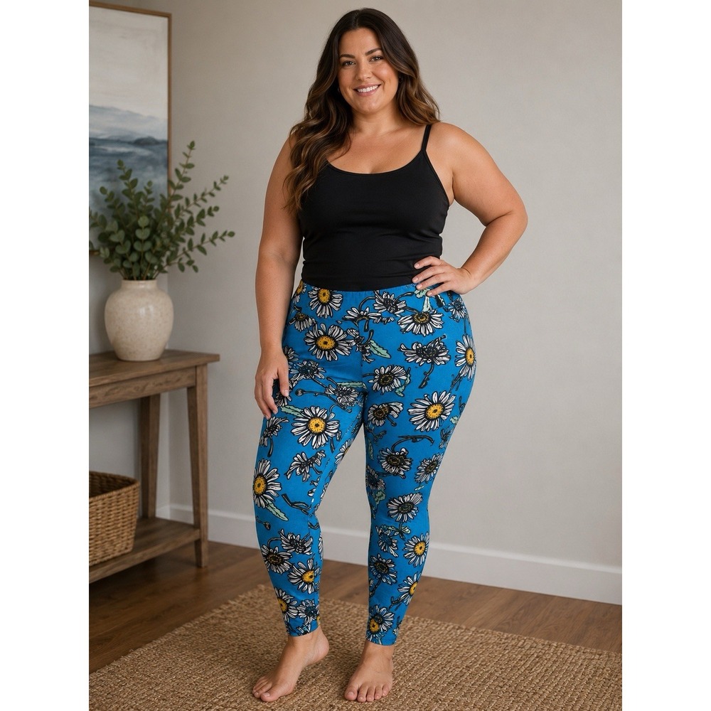 LuLaRoe TC Tall Curvy Leggings Womens Blue Daisy Floral Stretch Pants -3482